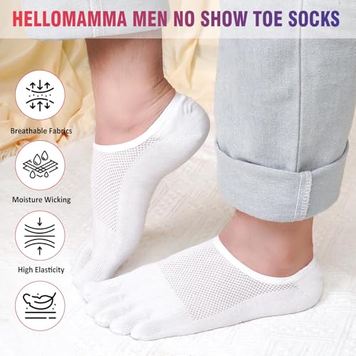 Hellomamma No Show Toe Socks for Men 5-Finger Cotton Low Cut Running Socks 4 Pairs Size 9-15 White