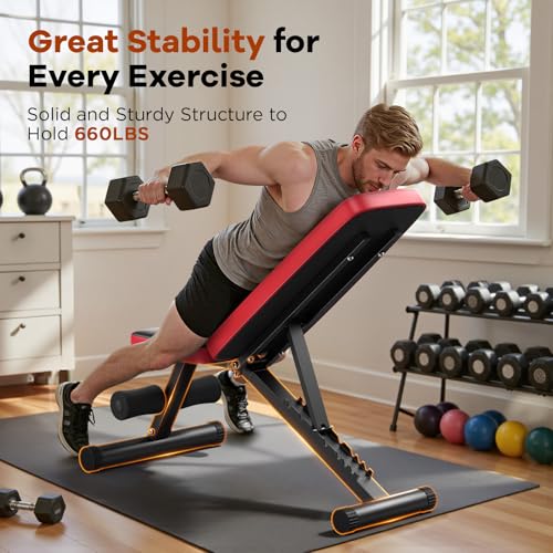 Adjustable Weight Bench for Home Gym - 660lbs Capacity, 8 Backrest Angles, Compact & Foldable Design