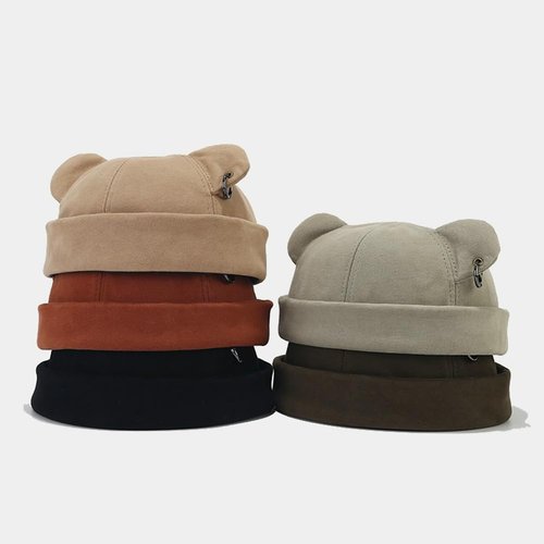 Fall Winter Beanie Hats for Women Men Bear Ear Skull Cap Brimless Cap Adjustable Docker Cap Black