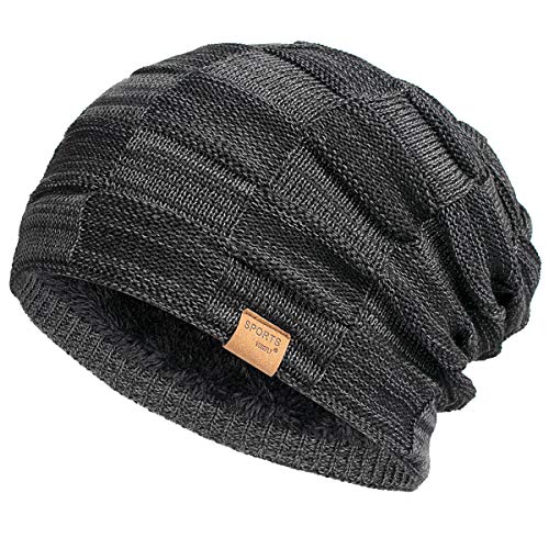 Warm Slouchy Beanie Hat for Men - Black Knit Winter Cap
