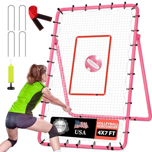 Adjustable 6-Angle Volleyball Rebounder Net - 7x4 ft, Pink