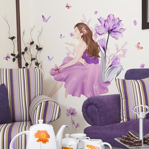 Butterfly Girl Wall Decals - Purple Flower Stickers, Fairy Decor for Girls Women Bedroom, Living Room, Sofa, TV Background