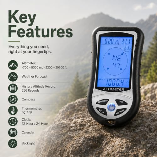8-in-1 Altimeter, Compass & Barometer with Backlight for Hiking