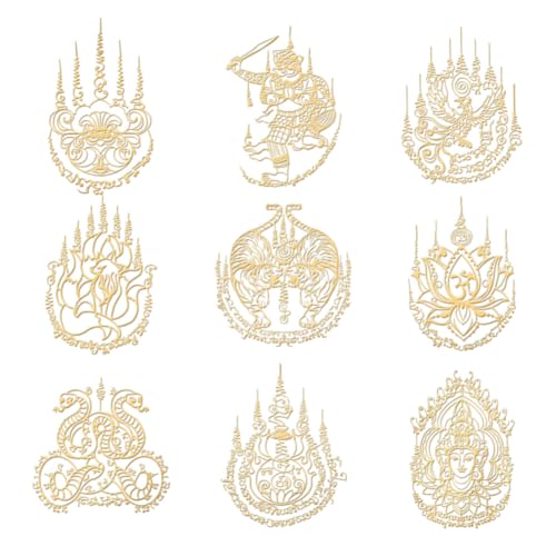 OLYCRAFT 9pcs 1.6x1.6 Inch Thai Sak Yant Gold Metal Stickers: Tiger, Nine-Tailed Fox, Scriptures for Scrapbooks, DIY Crafts, Phone Decoration