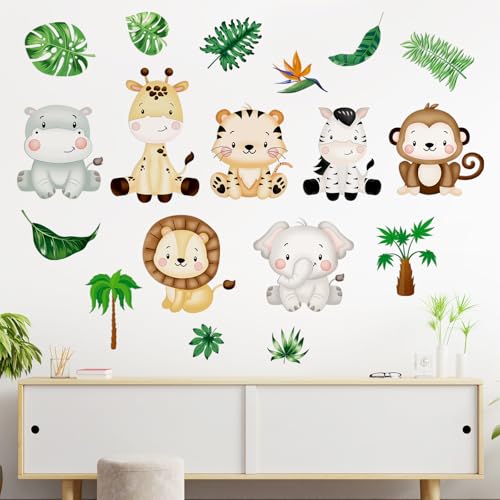 9 Sheets Baby Safari Animals Wall Stickers Jungle Animals Wall Decals Elephant Zebra Giraffe Hippo Lion Leaf Baby Nursery Decor Peel and Stick Decals Kids Bedroom Living Room Art