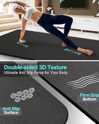 MRZZATA Black Extra Long 84" x 32" Thick 7mm Double-Sided Non-Slip TPE Yoga Mat with Strap