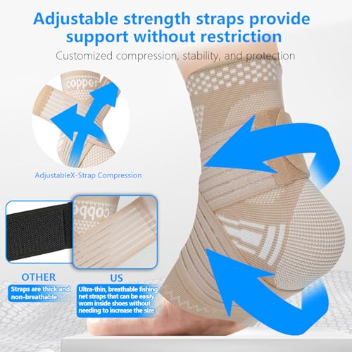 Copper Ankle Brace for Pain Relief - Adjustable Compression Sleeve - Skin Tone Medium