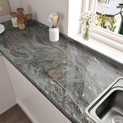Wallercity Black/Gold Marble Contact Paper for Countertops Waterproof Gold Marble Wallpaper Peel and Stick Countertop Contact Paper for Kitchen Bathroom Removable Vinyl Wrap for Cabinets 15.8''x78.7''