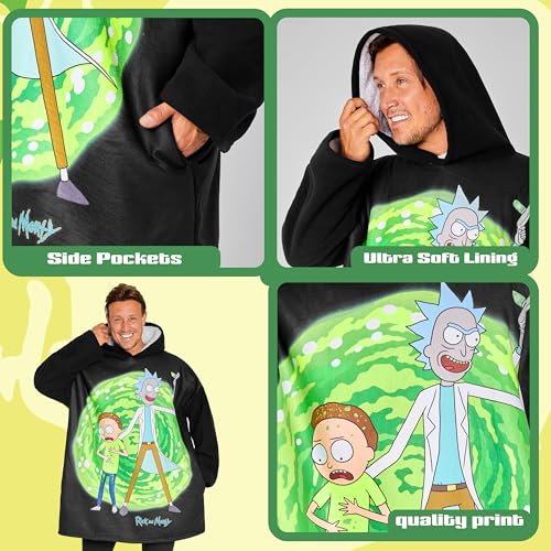 Rick and Morty Oversized Fleece Blanket Hoodie for Men & Teens - Sherpa Lined, Cozy Gift