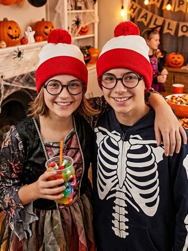 Halloween Red White Knit Beanie with Pompoms & Glasses - Small