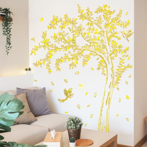Large Tree Wall Decal - Gold Tree Wall Decals, Peel and Stick Trees Leaves Wall Stickers Foil Stamping Birds Leaf Walls Decor for Classroom Living Room Bedroom Nursery (Gold, 11.8 * 23.6inch)