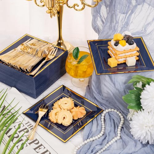 Blue and Gold 6-Inch Square Disposable Dessert Plates with Forks - 100 pcs - Wedding & Party