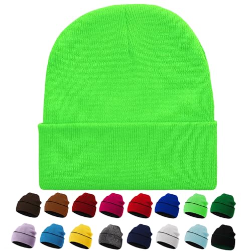 Unisex Reversible Winter Beanie - Knit Cuff Warm Hat - Black/Bright Green