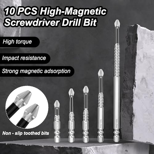 High Magnetic Screwdriver Drill Bit Set, 10PCS Magnetic Drill Bits Anti-Slip Set, 50 65 70 100 150MM Magnetic Screwdriver Bits, Strong Magnetic Durability Screwdriver Drill Bit Set