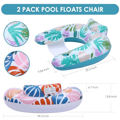 Inflatable Pool Float Chairs Pack of 2 with Cup Holders for Adults, Water Lounge & Hammock for Pool & Beach