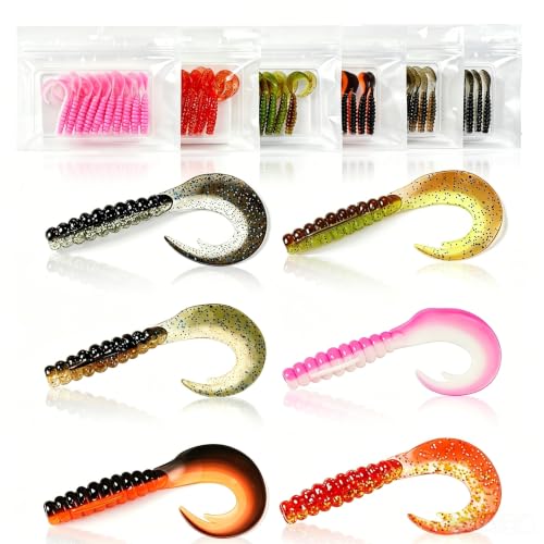 Houderrong 3in Curly Tail Grub Soft Swimbait Kit - 60 Pack, 6 Colors for Freshwater Fishing