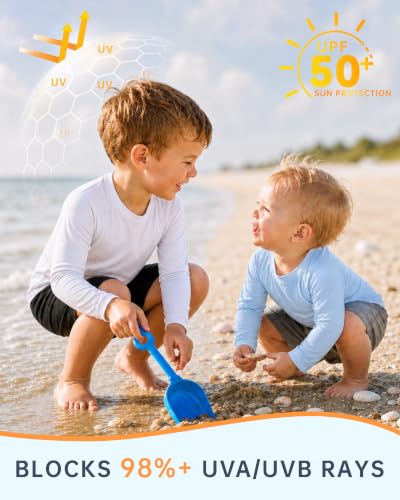 Toddler Boys Long Sleeve Rash Guard Swim Shirt UPF 50+ - White, 2-3T