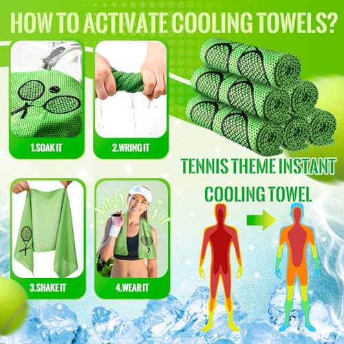 Tennis Cooling Towels Bulk - Microfiber Sports Towels for Hot Weather, 12-Pack 32x12 Inches - Tennis Theme