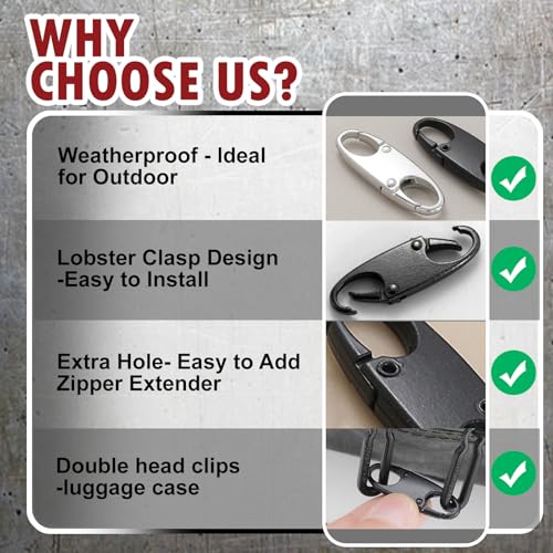 Anti-Theft Zipper Clips - Double Opening Carabiner, Set of 20 - Black & Silver