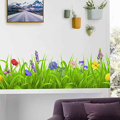 Fresh Green Plant Wall Stickers Baseboard Stickers Green Leaves Colorful Flowers Wall Decals DIY Removable Murals PVC Garden Wall Decor for Living Room Bedroom Bathroom Kindergarten Decor
