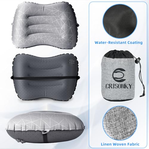 Crisonky Light Grey Inflatable Camping Pillow - Ultralight Travel & Lumbar Support