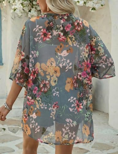 Floral Chiffon Beach Cover Up Kimono Cardigan - Grey Large