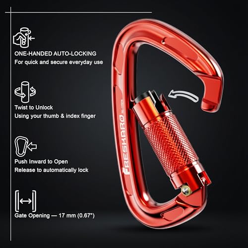 FresKaro 4-Inch UIAA & CE Certified Auto Lock Carabiner 2pcs - Lightweight Aluminum for Climbing & Rappelling, Red