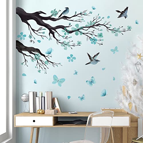 Amaonm Removable PVC Watercolor Blue Blossom Flowers Wall Decals DIY Peel and Stick Black Tree Branch With Bird Butterfly Wall Sticker for Kids Girl Baby Bedroom Living Room Nursery TV Sofa Background Decoration Decor
