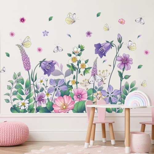 Purple Flower Wall Decal Peel and Stick Floral Butterfly Wall Sticker Green Plant Leaf Wall Art Murals for Bedroom Living Room Nursery Decor