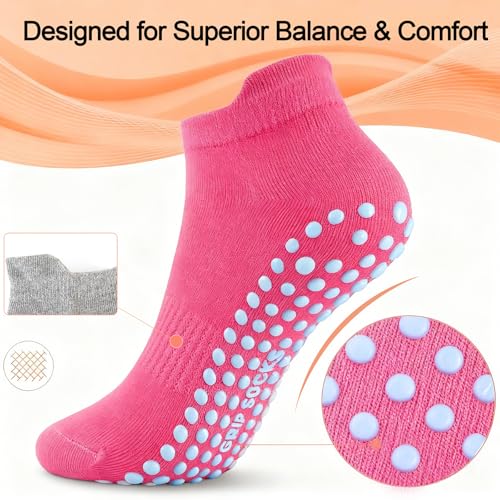 Non-Slip Pilates Socks with Grips for Women - 5 Pairs, Black, White, Gray, Pink, Purple