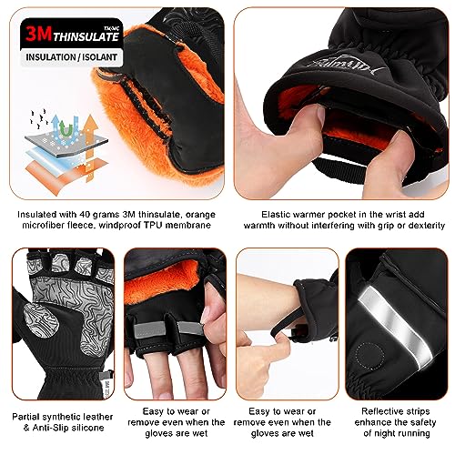 Palmyth Black Large Ice Fishing Gloves Convertible Mittens with Thinsulate - Warm Winter Men Women