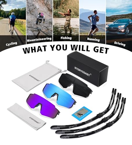 Polarized Sports Sunglasses - UV400 Protection, 3 Pack Matte Black/Gray, Ice Blue & Purple