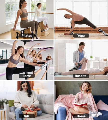Pilates Socks with Grips for Women - 4 Pairs Non-Slip Yoga Crew - Black