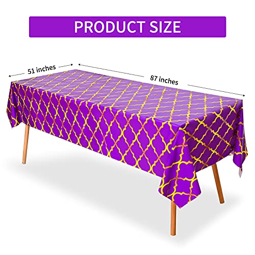 2 Pack Purple Gold Lattice Arabian Tablecloths - 87x51 Inches