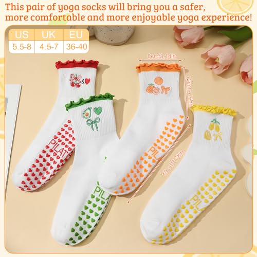 Ruffle Pilates Grip Socks for Women - Cotton Embroidery - 5 Pairs, Medium