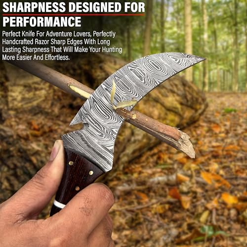 RC Damascus Hunting Knife with Leather Sheath - Full Tang Fixed Blade, 9 Inch Outdoor Survival Knife for Men