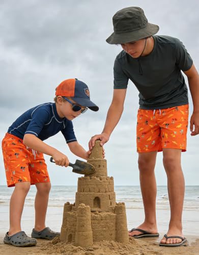 LuLurKiddo Boys Swim Trunks with Compression Liner & Quick Dry Fabric - Palm Trees Orange, 6-7 Years