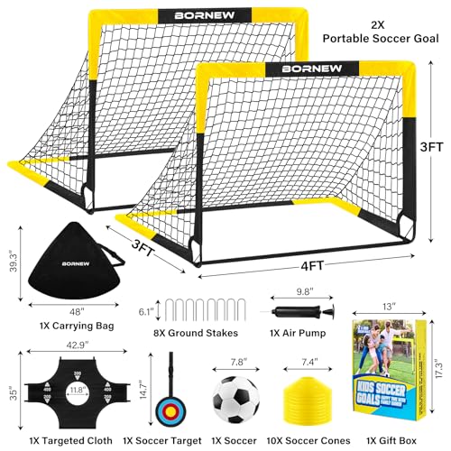 BORNEW 4' x 3' Black Yellow Kids Soccer Goal & Target Set (2 Goals, Ball, Pump, Cones) - Includes 4' x 3' Targets