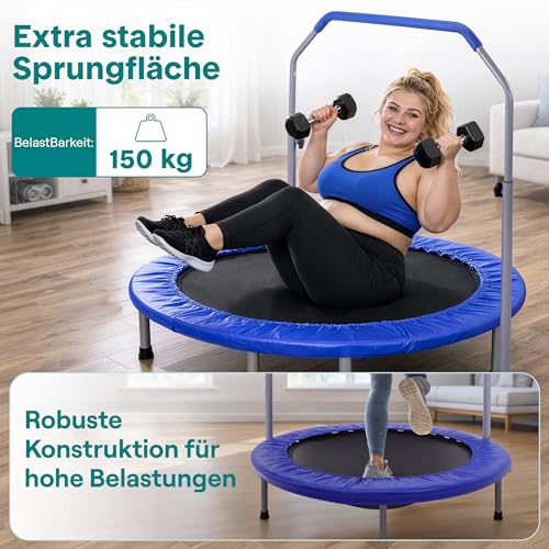 Foldable Mini Trampoline for Adults - Deep Blue Fitness Rebounder with Adjustable Handle, Max Load 330lbs