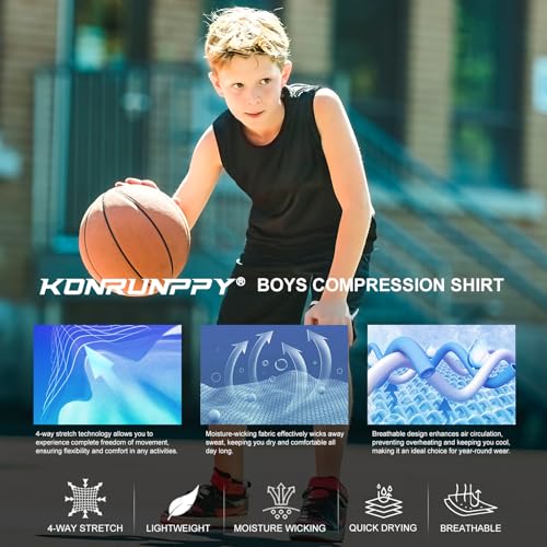 Boys Sleeveless Compression Shirt - Quick Dry Athletic Tank Top - Large Light Blue