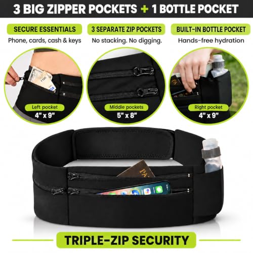 StashBandz Medium Running & Travel Belt with 3 Zipper Pockets & Water Bottle Holder