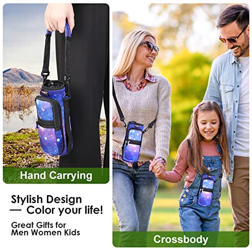 AUPET 32oz Insulated Water Bottle Sling Bag Carrier with Pockets & Strap - Purple Starry Sky