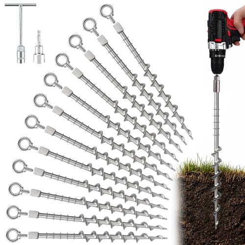 12 Pcs 12" Heavy Duty Aluminum Ground Anchors - Screw-In Tent Stakes with Drill Adapter