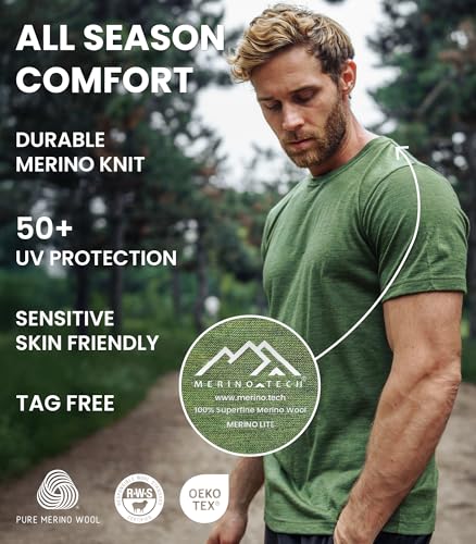 100% Merino Wool Short Sleeve T-Shirt for Men - Lightweight, Breathable Base Layer