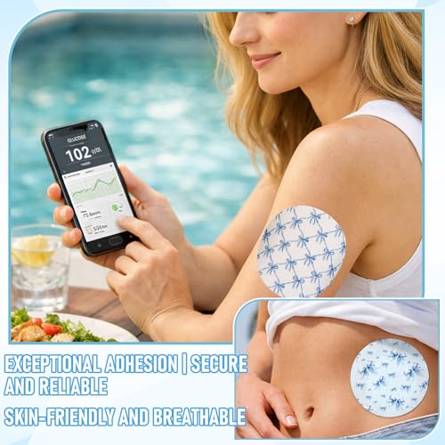 Geiserailie 30 Pcs Dexcom G7 Adhesive Patches, Blue Bow, Pre-Cut Waterproof Skin-Friendly