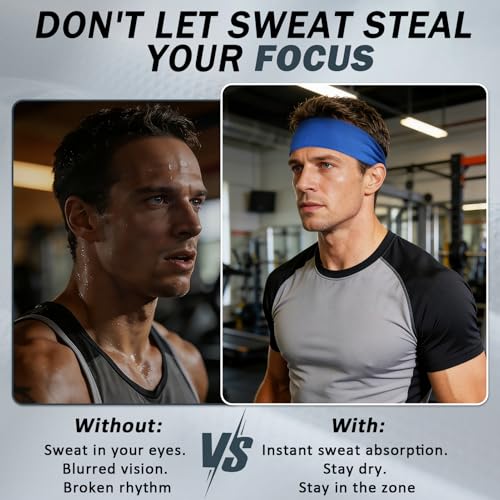 Black Running Headbands - 5 Pack Non-Slip Moisture Wicking Sweatbands