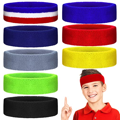 Kids Sports Headbands - 8 Bright Elastic Sweatbands for Youth & Teens
