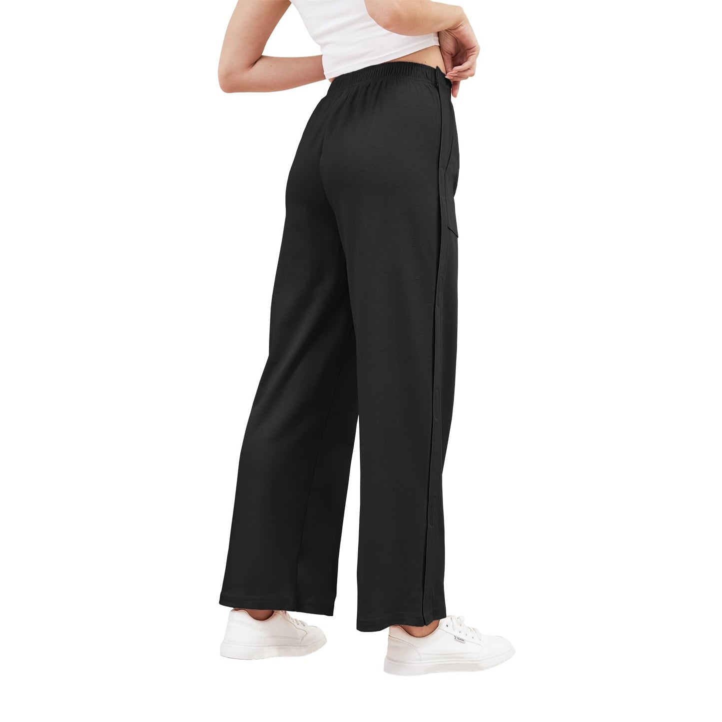 Tear Away Pants for Women Side Slit Snap Sweatpants Loose Fit Post Surgery Casual Adaptive Clothing with Pockets Black M