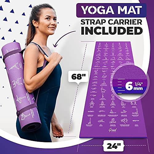 Grand Basics Instructional Yoga Mat 68x24 with Carry Strap - 75 Poses, Non-Toxic Non-Slip