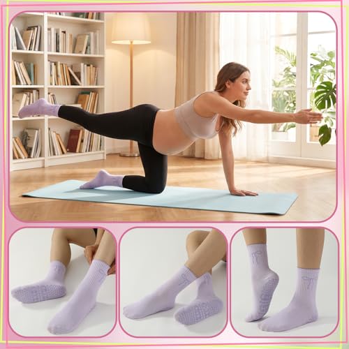 Pilates Grip Socks for Women - Cute Ruffle Design - Purple & White